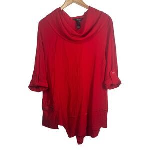 Ali Miles Top Women M Red Cowl Neck Asymmetrical 3/4 Roll Tab Sleeve Lagenlook